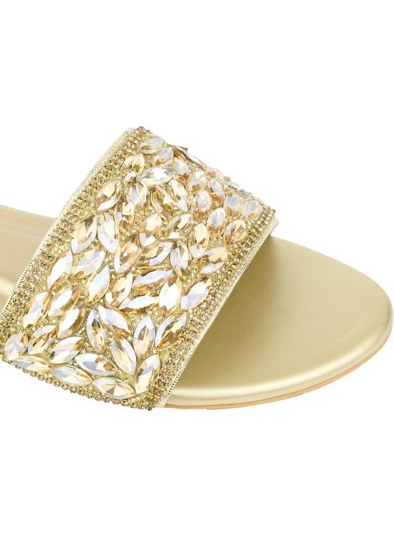 Dollar's Fashion Open Toe Slip On Flats Women Sandals, Crystal Embellished Elegant Synthetic Leather Ladies Fashion Footwear (Gold) - Image 2