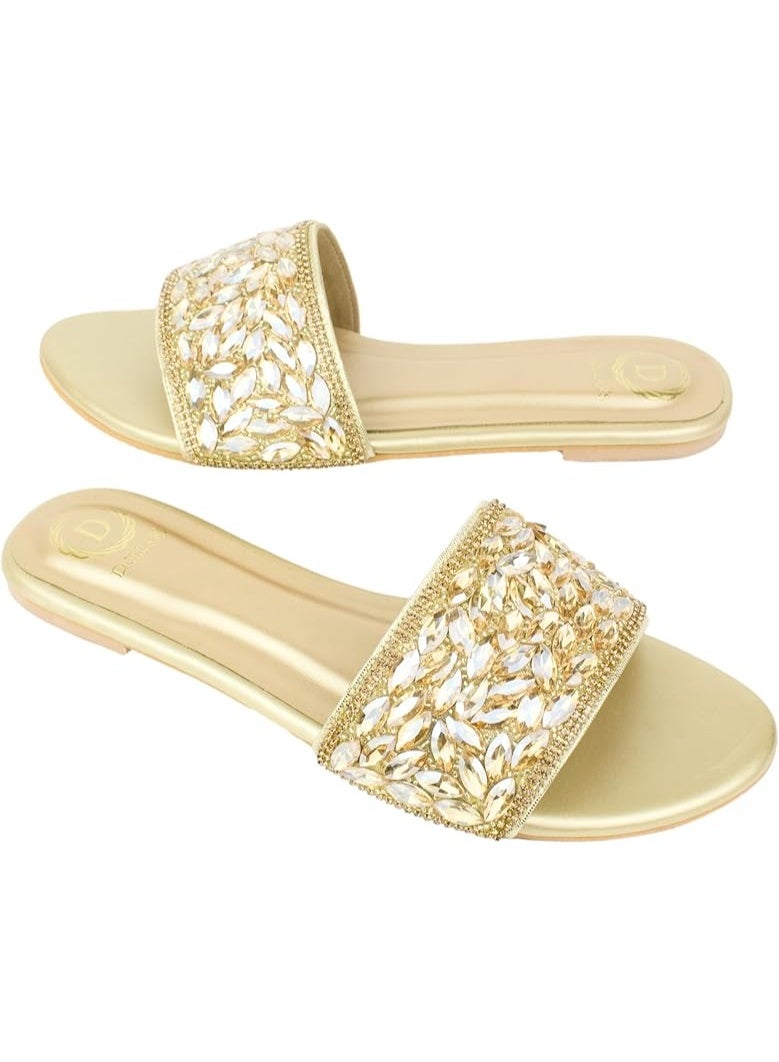 Dollar's Fashion Open Toe Slip On Flats Women Sandals, Crystal Embellished Elegant Synthetic Leather Ladies Fashion Footwear (Gold) - Image 1