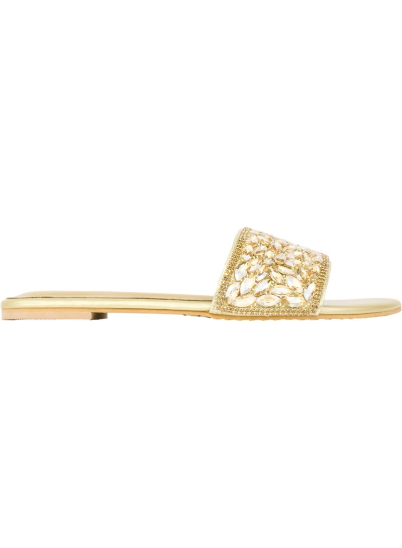 Dollar's Fashion Open Toe Slip On Flats Women Sandals, Crystal Embellished Elegant Synthetic Leather Ladies Fashion Footwear (Gold) - Image 3