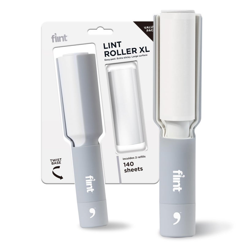 Flint Plus XL Retractable Lint Remover  Pet Hair Roller for Clothes  Refillable  Reusable Lint Roller with 140 Extra Sticky TearOff Sheets  Value Pack Light Grey