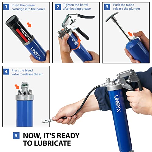 UNOYX مسدس شحم UNOYX سعة 14 أونصة، ضغط 6000PSI، مسدس شحم ثقيل، مجموعة مسدس شحم للسيارات، موصل قياسي ومحول أنف إبرة، للسيارات والشاحنات والجرارات والمحامل البحرية - Image 4