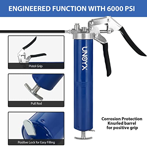 UNOYX مسدس شحم UNOYX سعة 14 أونصة، ضغط 6000PSI، مسدس شحم ثقيل، مجموعة مسدس شحم للسيارات، موصل قياسي ومحول أنف إبرة، للسيارات والشاحنات والجرارات والمحامل البحرية - Image 2
