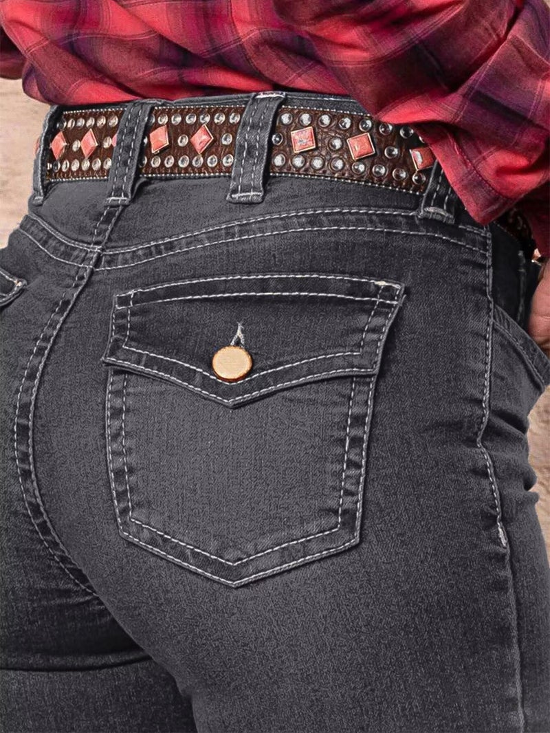 Flamingals Women's Buttoned Hem Bootcut Jeans Without Belt Mid Waist Casual Pants Black Gray XL - Image 3