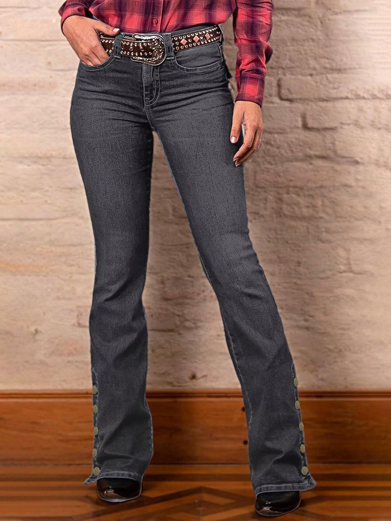 Flamingals Women's Buttoned Hem Bootcut Jeans Without Belt Mid Waist Casual Pants Black Gray XL - Image 2