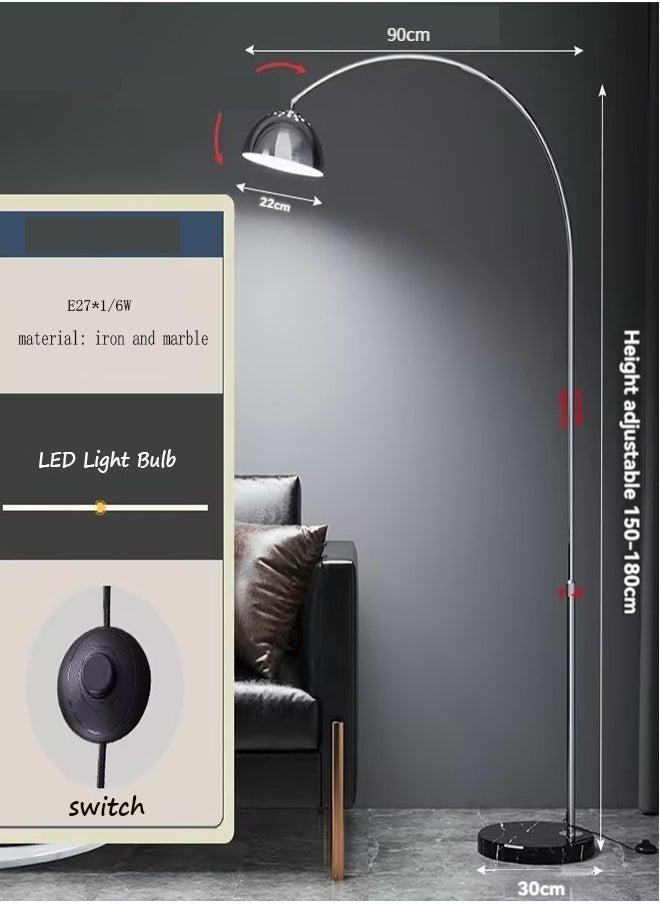 مصباح أرضي، مصباح أرضي بـ 3 أوضاع ألوان، مصباح أرضي بقوس دوار قابل للطي LED من الرخام الشمالي، مصباح قائم حديث للعمل المكتبي والدراسة فضي 180x90 سم
