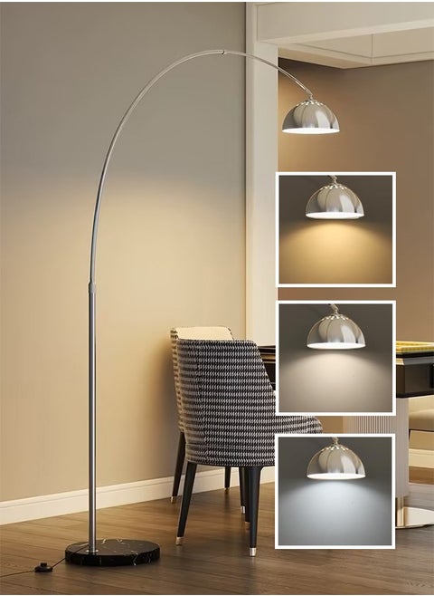 مصباح أرضي، مصباح أرضي بـ 3 أوضاع ألوان، مصباح أرضي بقوس دوار قابل للطي LED من الرخام الشمالي، مصباح قائم حديث للعمل المكتبي والدراسة فضي 180x90 سم