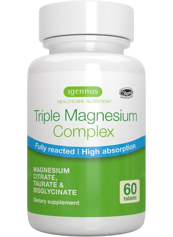 Igennus Triple Magnesium Complex, High Absorption Chelated Glycinate, Taurate & Citrate, 60 Tablets, for Sleep, Stress, Migraine, Vegan, Non-Buffered, Pure & Oxide-Free, by Igennus - Image 1