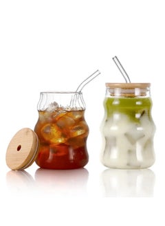Creative Drinking Glasses set of 4 Wave Shaped Glass Cups with Lids and Straws