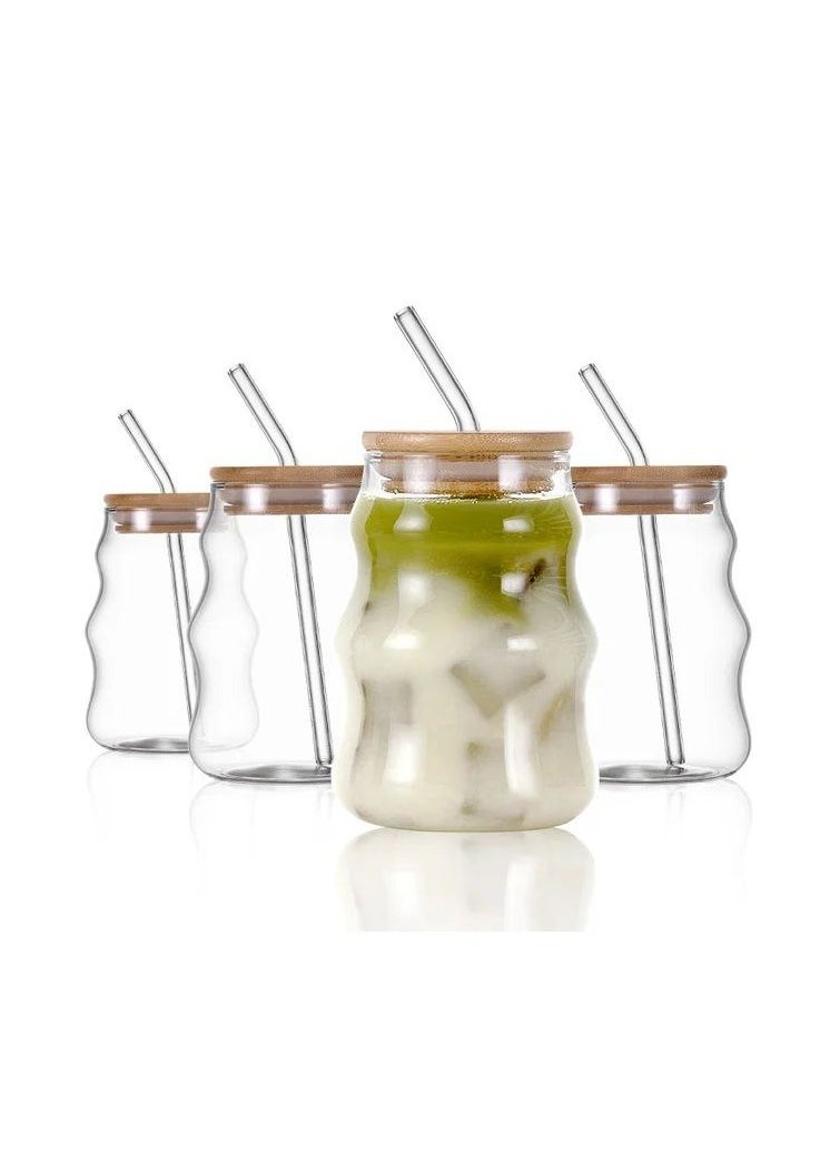 Generic - Creative Drinking Glasses set of 4 Wave Shaped Glass Cups with Lids and Straws - Image 1