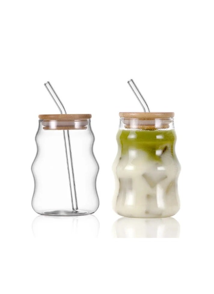 Generic - Creative Drinking Glasses set of 4 Wave Shaped Glass Cups with Lids and Straws - Image 1