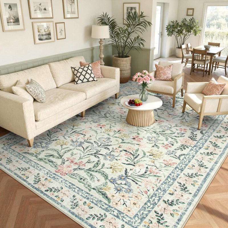 Wonnitar Boho Washable Rug 8x10, Large Area Rug for Living Room, Soft Floral Carpet for Bedroom Non Slip, 8 x 10 Indoor Beige Carpets for Nursery Dining Room Apartment Office Decor - Image 1