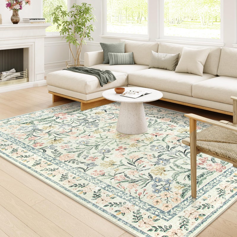 Wonnitar Boho Washable Rug 8x10, Large Area Rug for Living Room, Soft Floral Carpet for Bedroom Non Slip, 8 x 10 Indoor Beige Carpets for Nursery Dining Room Apartment Office Decor - Image 2