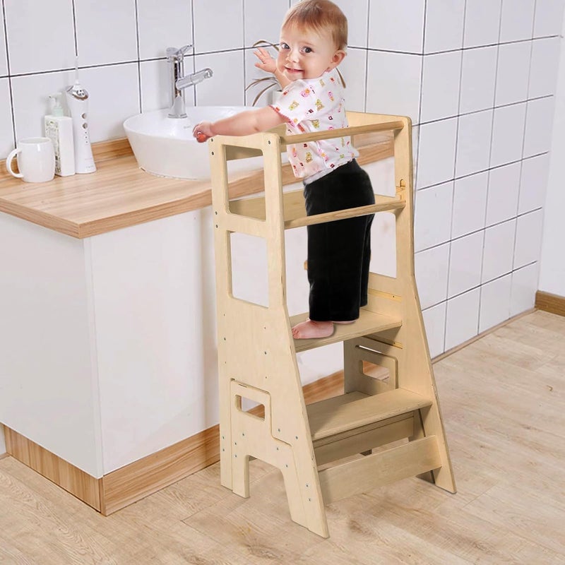 Fohome Toddler Standing Tower, Kitchen Step Stool for Kids, Adjustable Height Learning Stool with Removable Anti-Drop Safety Rail for Bedroom, Bathroom - Image 1