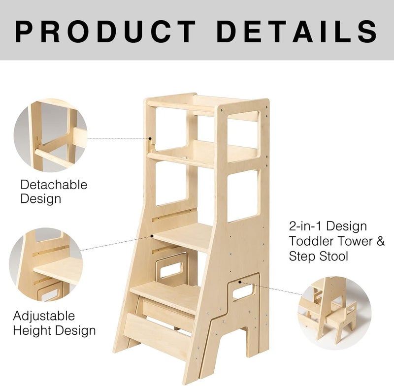 Fohome Toddler Standing Tower, Kitchen Step Stool for Kids, Adjustable Height Learning Stool with Removable Anti-Drop Safety Rail for Bedroom, Bathroom - Image 5