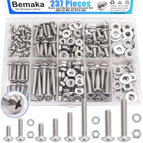 Bemaka Nuts and Bolts Assortment Kit, 304 Stainless Steel Bolts 8 Sizes #6-32#8-32#10-24 Phillips Pan Head Machine Screws, Assorted Bolts, Nuts and Washers Kit (237PCS) - Image 1