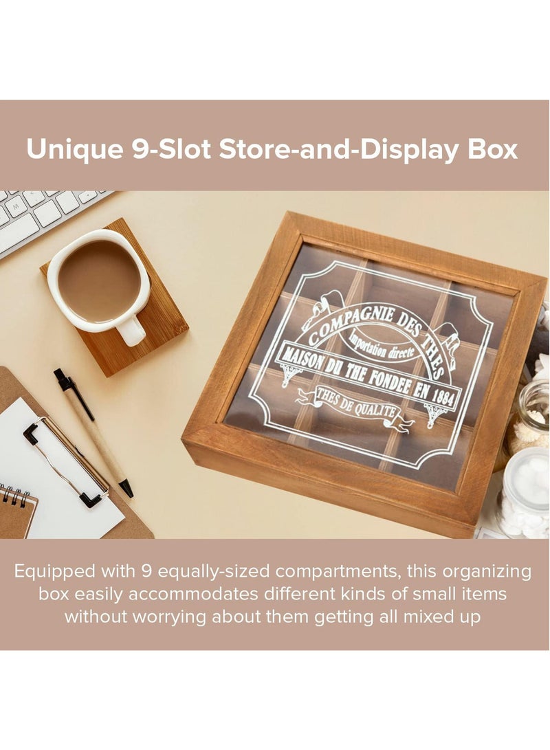 Hihonor 9-Slot Mini Wooden Storage Box with Glass Cover Collectibles Display Case - Square Wood Organizer Box with Dividers - Storage & Organizer Case for Tea, Essential Oils, Spices & More  - Image 2