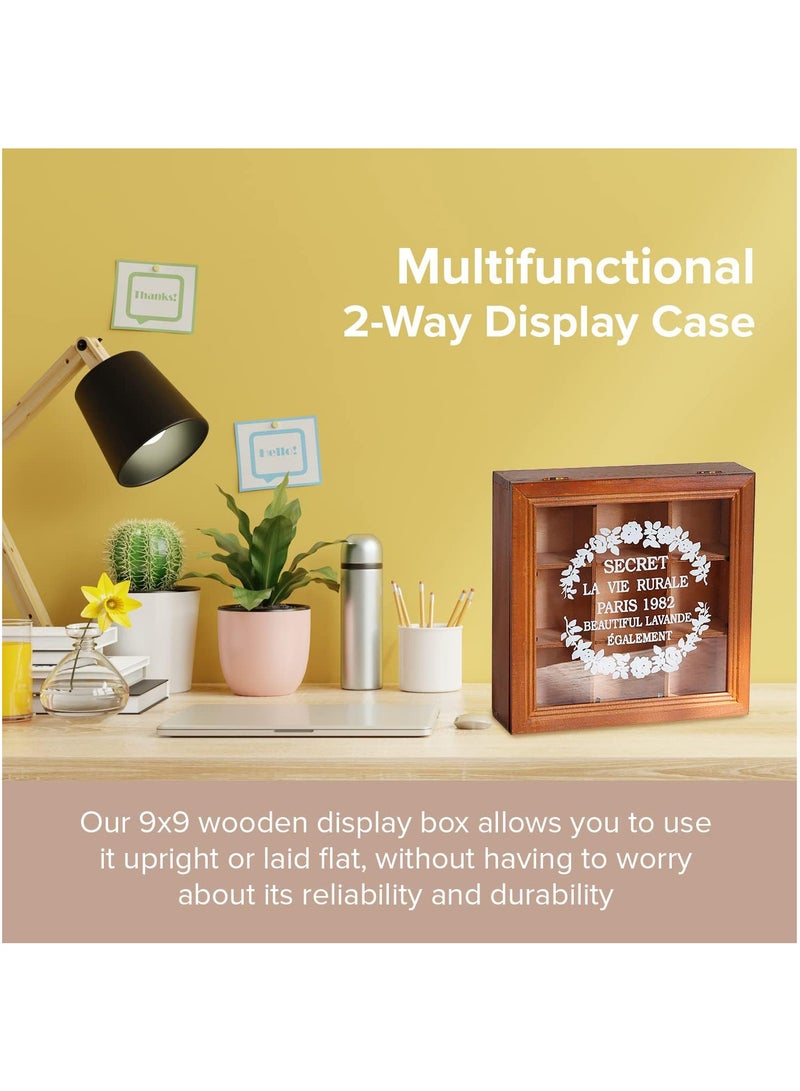Hihonor 9-Slot Mini Wooden Storage Box with Glass Cover Collectibles Display Case - Square Wood Organizer Box with Dividers - Storage & Organizer Case for Tea, Essential Oils, Spices & More  - Image 3