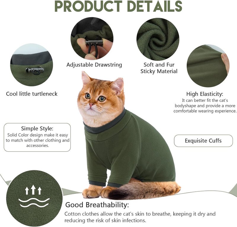 ADNIKIA Cat Pajamas Cats Pullover, Cat Turtleneck Jumper Cat Fleece Vest, Sticky Hair Cat Clothe, Warm Cat Bodysuit Kitten Costumes Outfits, Cat Recovery Suit for Cats or Small Dogs, Green - Image 2
