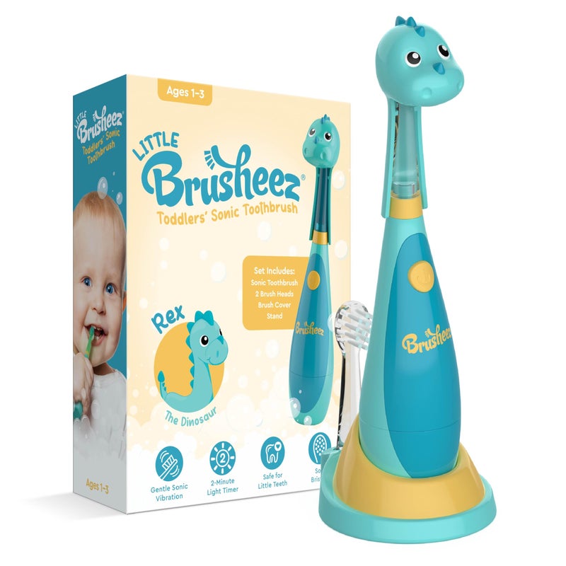 Brusheez Little Toddlersâ€™ Sonic Toothbrush - Safe & Gentle Toothbrush for Ages 1-3 with Built-in, Light-Up 2-Minute Timer, Extra Brush Head, & Storage Base for First-Time Brushers (Rex The Dinosaur) - Image 1