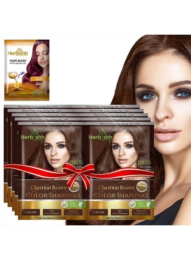 Herbishh Hair Color Shampoo for Gray Hair–Natural Hair Dye Shampoo with Argan Hair Mask–Travel size-Colors Hair in Minutes–Long lasting colour–10pack+1pack–Ammonia-Free (Chestnut Brown) - Image 1