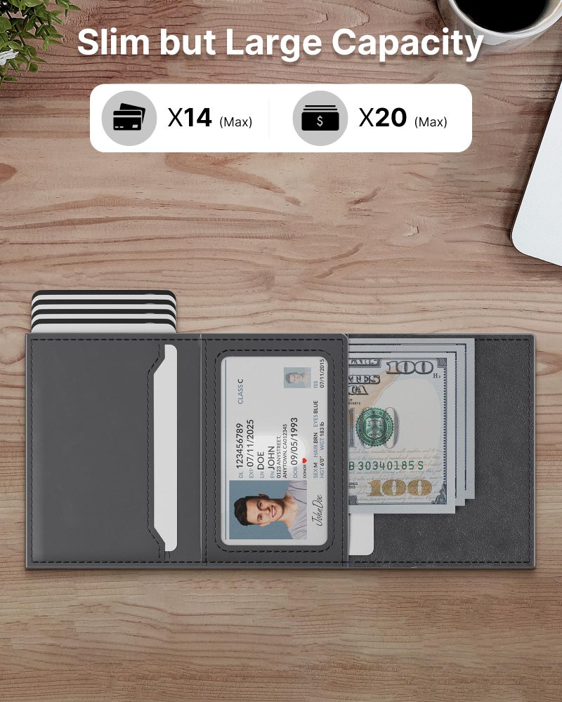typecase محفظة رجال من تايب كيس: علبة ألومنيوم قابلة للفتح، جلد طبيعي فاخر، ذكي، حجب RFID، نحيف، بسيط، جيب أمامي - سعة 9-14 بطاقة | نافذة هوية | فتحة نقدية - رمادي داكن - Image 2