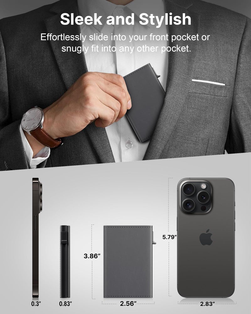 typecase محفظة رجال من تايب كيس: علبة ألومنيوم قابلة للفتح، جلد طبيعي فاخر، ذكي، حجب RFID، نحيف، بسيط، جيب أمامي - سعة 9-14 بطاقة | نافذة هوية | فتحة نقدية - رمادي داكن - Image 4