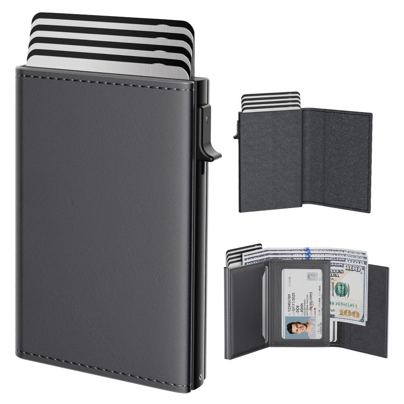 typecase محفظة رجال من تايب كيس: علبة ألومنيوم قابلة للفتح، جلد طبيعي فاخر، ذكي، حجب RFID، نحيف، بسيط، جيب أمامي - سعة 9-14 بطاقة | نافذة هوية | فتحة نقدية - رمادي داكن - Image 1