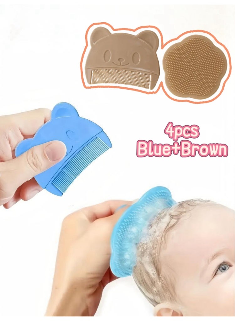 4 Pack Baby Bath Brush, Silicone Scalp Care Comb, Gentle Cradle Cap Brush for Newborns, Soft Baby Massage & Cleaning Brush (Blue+Brown) - Image 1