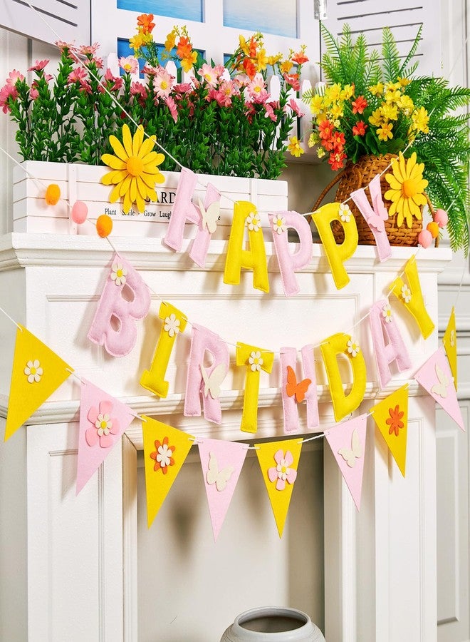 SUNBEAUTY لافتة عيد ميلاد سعيد جاهزة للتعليق، إكليل عيد ميلاد سعيد قابل لإعادة الاستخدام، راية حفلات مزينة بزهرة الأقحوان مع إكليل كرات من اللباد، راية للبنات والنساء والأمهات، مناسبة لحفلات أعياد الميلاد ذات الطابع البوهيمي وحفلات استقبال المولود الجديد وحفلات الربيع والحدائق - Image 1