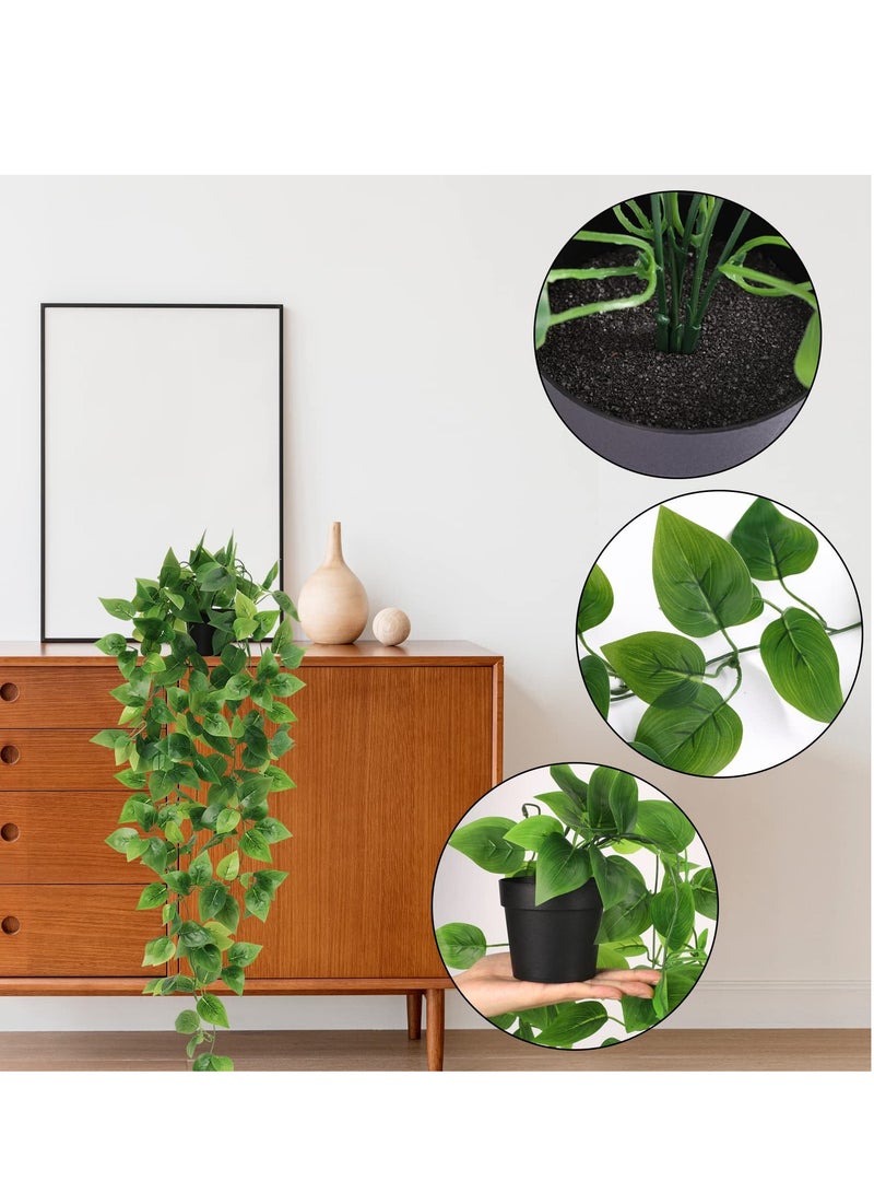 نبات معلق اصطناعي وعاء زهور اصطناعي صغير ، نبات كرمة طويل بوعاء بوثوس اصطناعي ، مناسب للرف مكتب المنزل داخلي في الهواء الطلق حديقة خضراء (وعاء زهور أسود) - Image 4