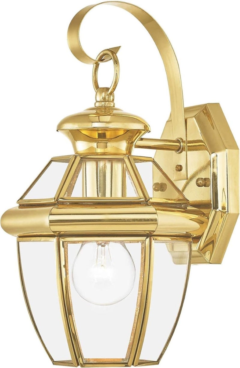 Livex Lighting 2051-02 Monterey 1 Light Outdoor Polished Brass Finish Solid Brass Wall Lantern with Clear Beveled Glass, Gold - Image 1