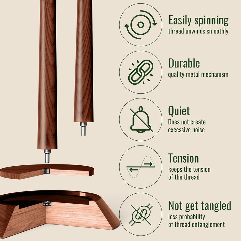 Barva Yarn Holder Set 22 Lb Capacity for Chunky Yarn w/Extra Spindle | Smooth Bearing Spinner & Big Rubber Anti Slip Pads for Stability | European Wood Crochet Accessories & Fiber Crafts Pro Tools - Image 3