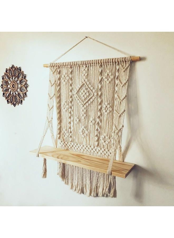 انتيكيانو رف معلق على الحائط بخيوط مكرمية.. ديكور حائط بوهيمي لغرفة النوم - فن جداري من حبل مكرمية منسوج كديكور لرف - Image 1