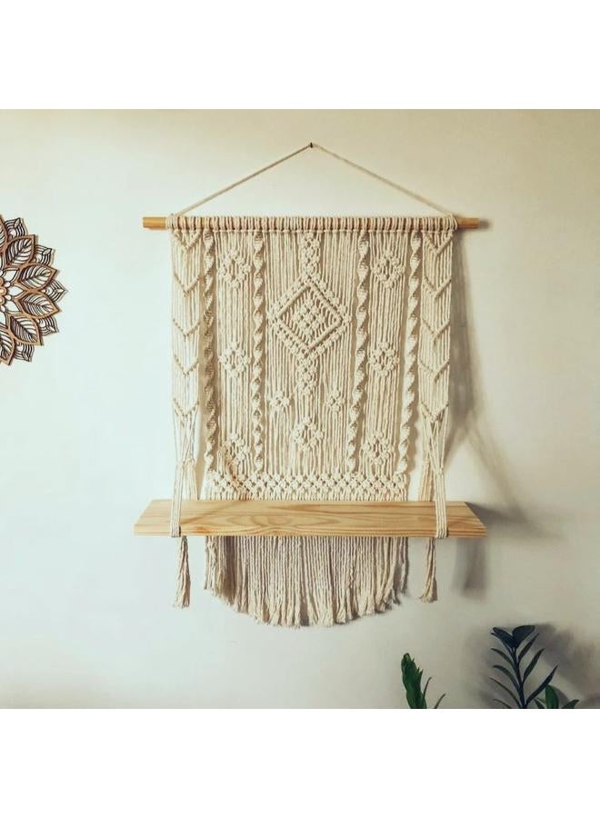 انتيكيانو رف معلق على الحائط بخيوط مكرمية.. ديكور حائط بوهيمي لغرفة النوم - فن جداري من حبل مكرمية منسوج كديكور لرف - Image 4