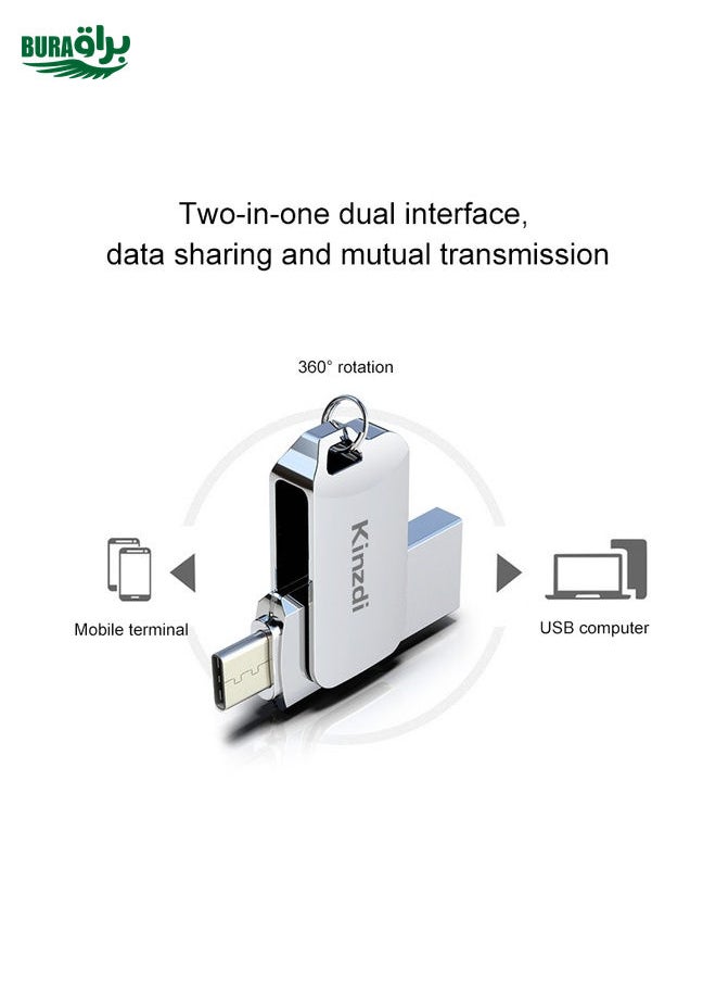 BURAQ Kinzdi 128GB USB + Type-C Interface Metal Twister Flash Disk V8 (Silver)  - Image 4