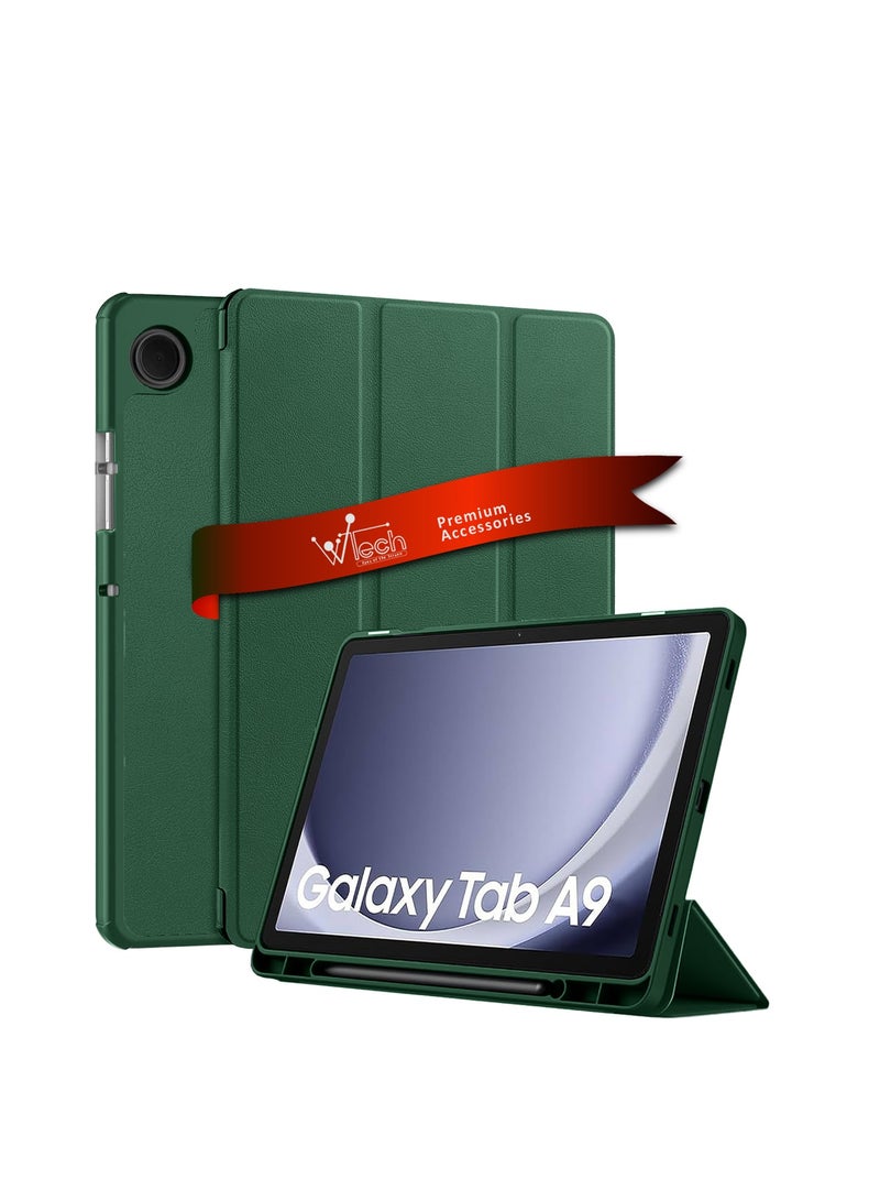 Wtech Smart Flip Auto Awake/Auto Sleep Leather Texture with Pen Holder Case Cover For Samsung Galaxy Tab A9 4G 2023 (X110, X115) 8.7 Inch Dark Green - Image 1