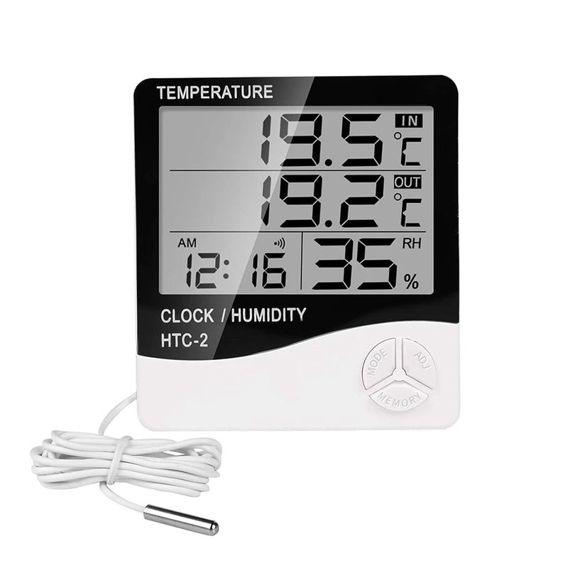 OffyBird HTC-2 Digital Temperature and Humidity Meter with LCD Display and Clock - Indoor Outdoor Sensor with Probe Thermo-Hygrometer Weather Station for Home, Office, Greenhouse, or Incubator - Image 1