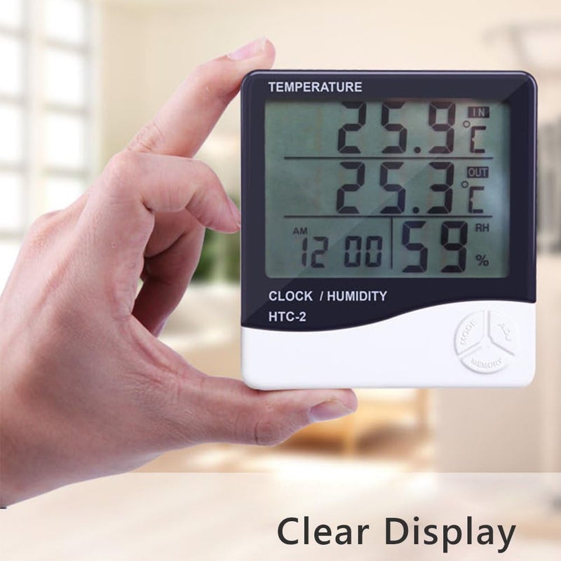 OffyBird HTC-2 Digital Temperature and Humidity Meter with LCD Display and Clock - Indoor Outdoor Sensor with Probe Thermo-Hygrometer Weather Station for Home, Office, Greenhouse, or Incubator - Image 3