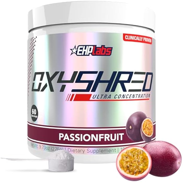 EHP Labs OxyShred Pre Workout Powder & Shredding Supplement - Preworkout Powder with L Glutamine & Acetyl L Carnitine, Energy Boost Drink - Passionfruit, 60 Servings - Image 1