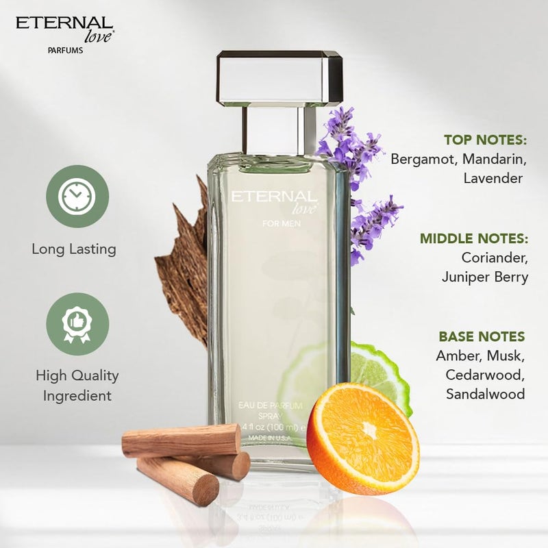 Eternal love حب أبدي للرجال - بخاخ عطر أو دو بارفان طويل الأمد - عطر نظيف فاخر مع العنبر وخشب الأرز - رائحة منعشة أنيقة - 3.4 أونصة - Image 2