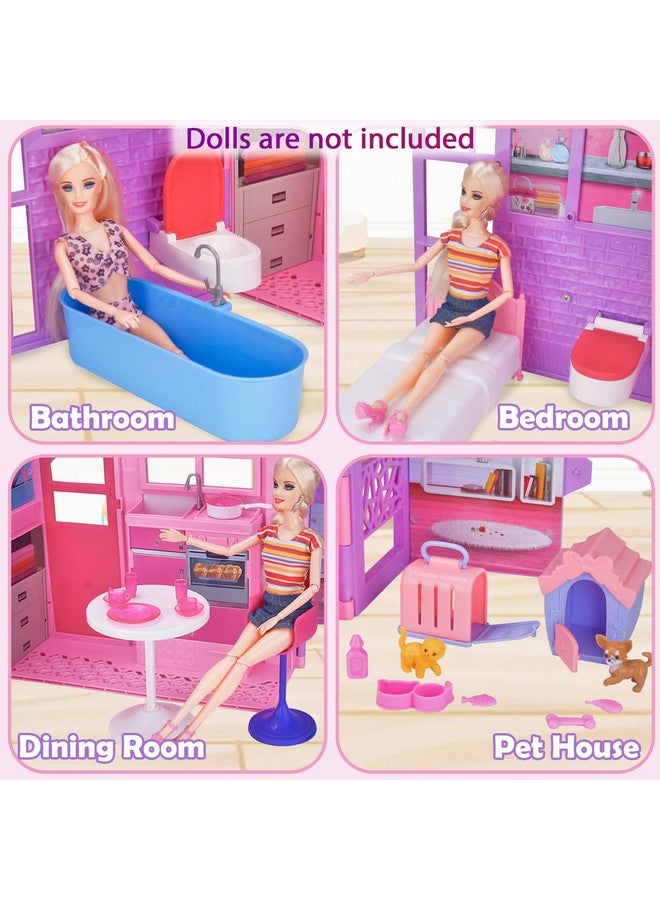 Bettina Doll House For 11.5-Inch Dolls, 2-Story Foldable Dollhouse With 37 Pcs Furnitures & Accessories, Playhouse With Pet House, Gifts For Girls Kids Toddlers - Image 3