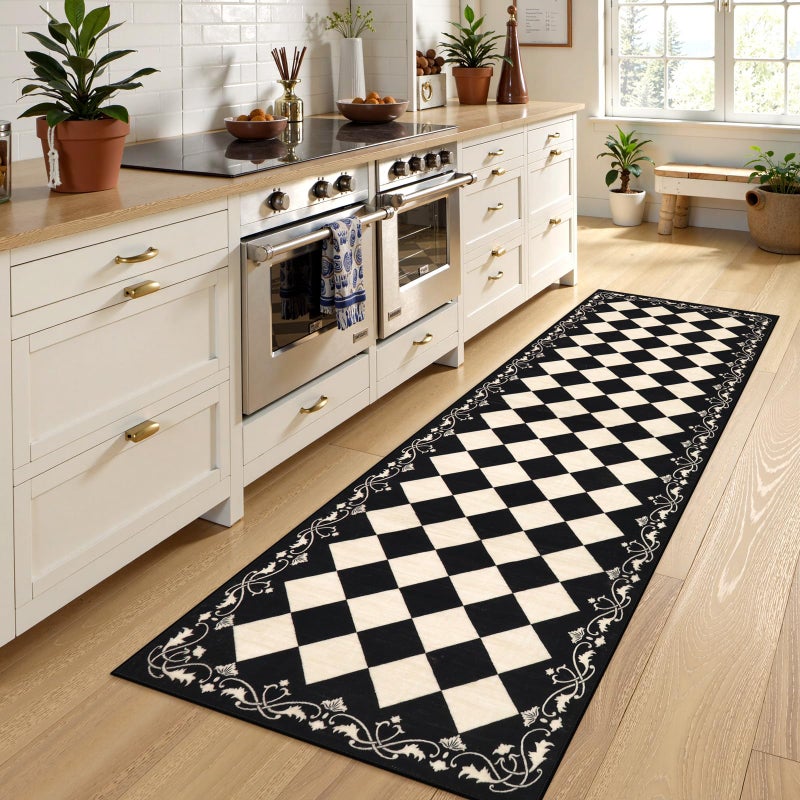 Beeiva Checkered Bathroom Runner Rug 2x6, Black and White Washable Runners for Hallways Non Slip, Moroccan Trellis 2x6 Rug for Besides Laundry Kitchen, Checkerboard Stain Resistant Bathroom Decor - Image 2