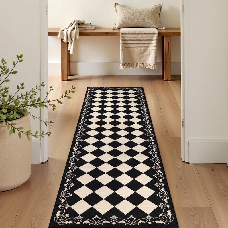 Beeiva Checkered Bathroom Runner Rug 2x6, Black and White Washable Runners for Hallways Non Slip, Moroccan Trellis 2x6 Rug for Besides Laundry Kitchen, Checkerboard Stain Resistant Bathroom Decor - Image 3