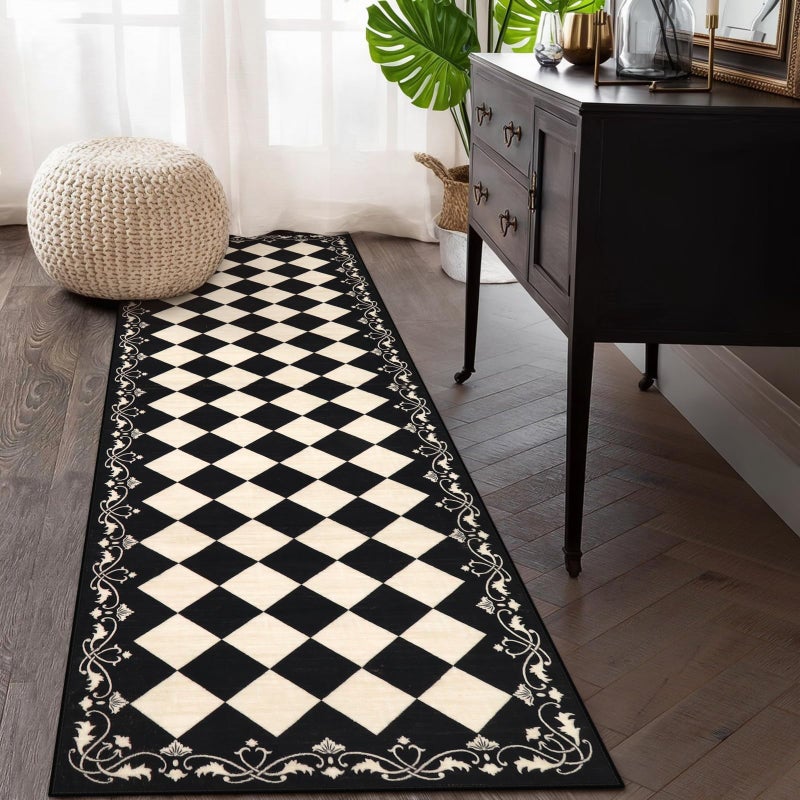 Beeiva Checkered Bathroom Runner Rug 2x6, Black and White Washable Runners for Hallways Non Slip, Moroccan Trellis 2x6 Rug for Besides Laundry Kitchen, Checkerboard Stain Resistant Bathroom Decor - Image 1