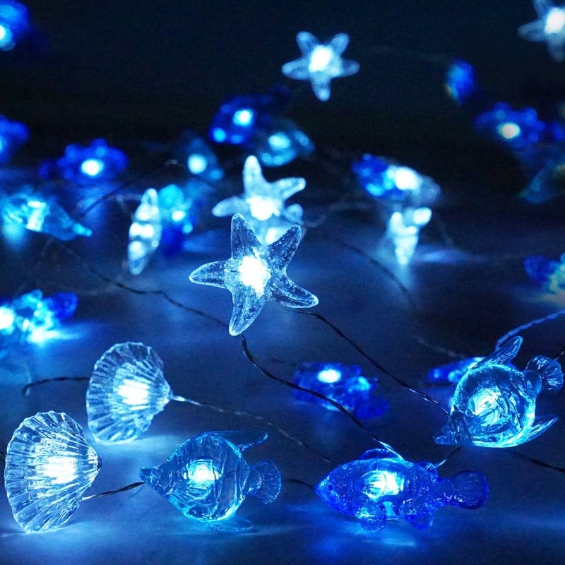 Decorman Sealife String Lights 14ft 40 LED 8 Modes Cool White Weatherproof Battery Operated Ocean Theme Lights for Bedrooms Parties Weddings Gardens with Remote and Timer - Image 1