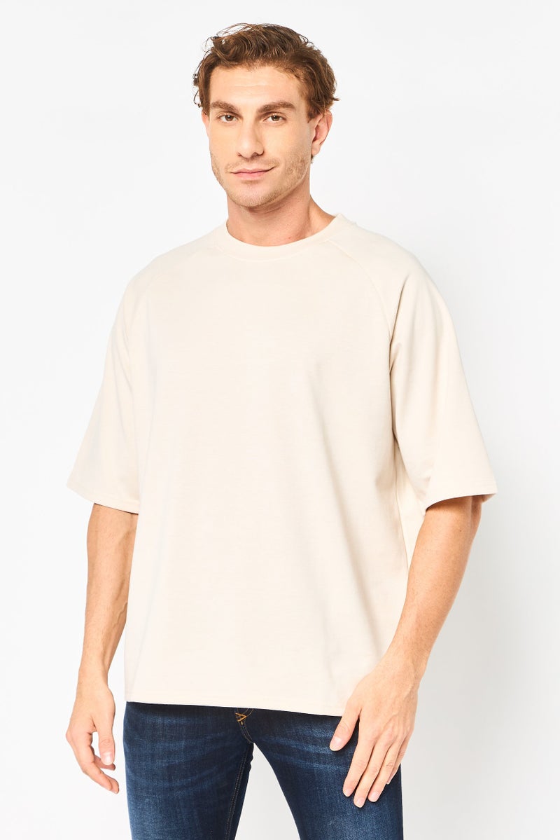 Algspar تي شيرت رجالي بياقة دائرية قصيرة الأكمام، كريمي - Image 1