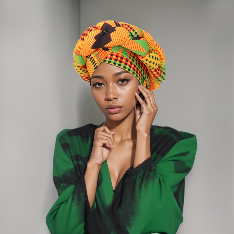 XEPST African Turban Head Wraps Big Braid Cross Turban Hat for Women, Printed Head Wrap Pre-Tied Stretchy Soft Fashion Headwear for Women, Yellow - Image 4