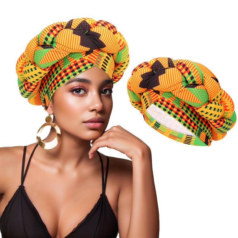 XEPST African Turban Head Wraps Big Braid Cross Turban Hat for Women, Printed Head Wrap Pre-Tied Stretchy Soft Fashion Headwear for Women, Yellow - Image 1
