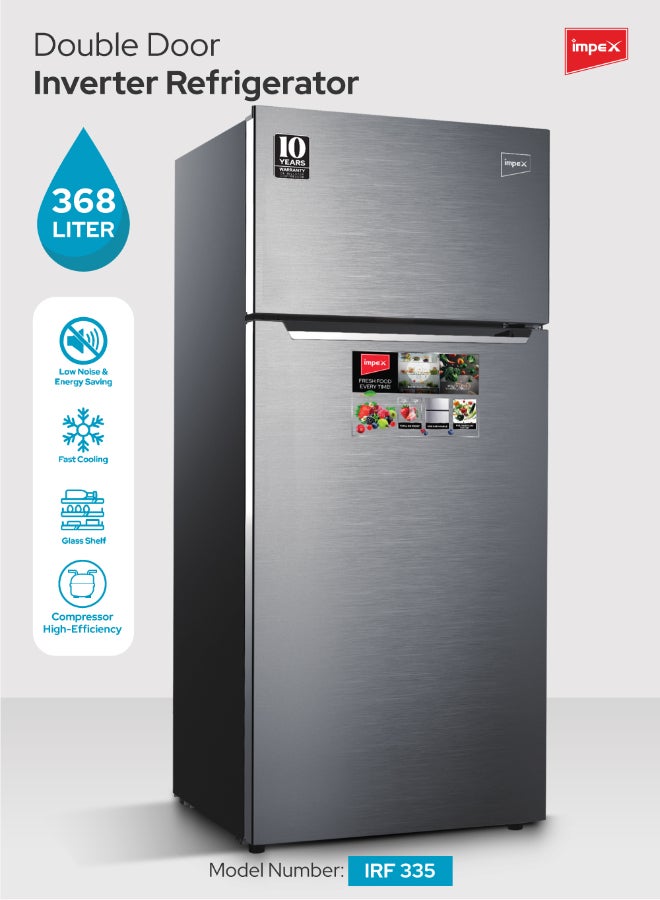 Impex Double Door No Frost Inverter Refrigerator 368 Liter, Fast Cooling Freezer Fridge, Energy Efficient And Silent Operation 150 W IRF 335 Inox/Stainless Steel - Image 1