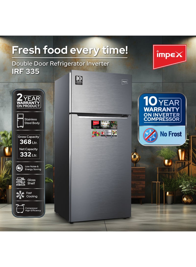 Impex Double Door No Frost Inverter Refrigerator 368 Liter, Fast Cooling Freezer Fridge, Energy Efficient And Silent Operation 150 W IRF 335 Inox/Stainless Steel - Image 2